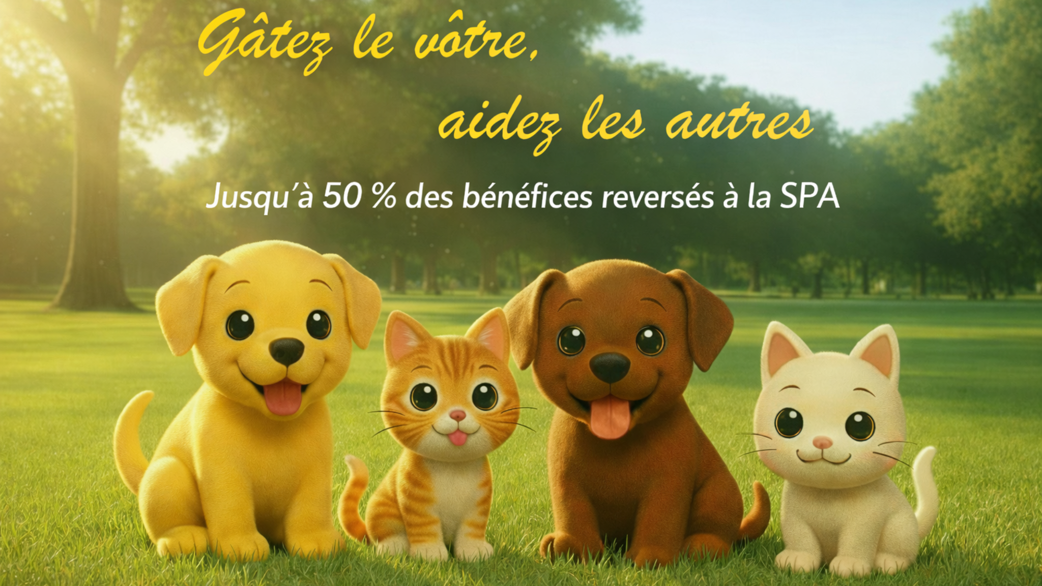 Bannière ChoupiPatte mettant en avant l’engagement solidaire avec jusqu’à 50 % des bénéfices reversés à la SPA