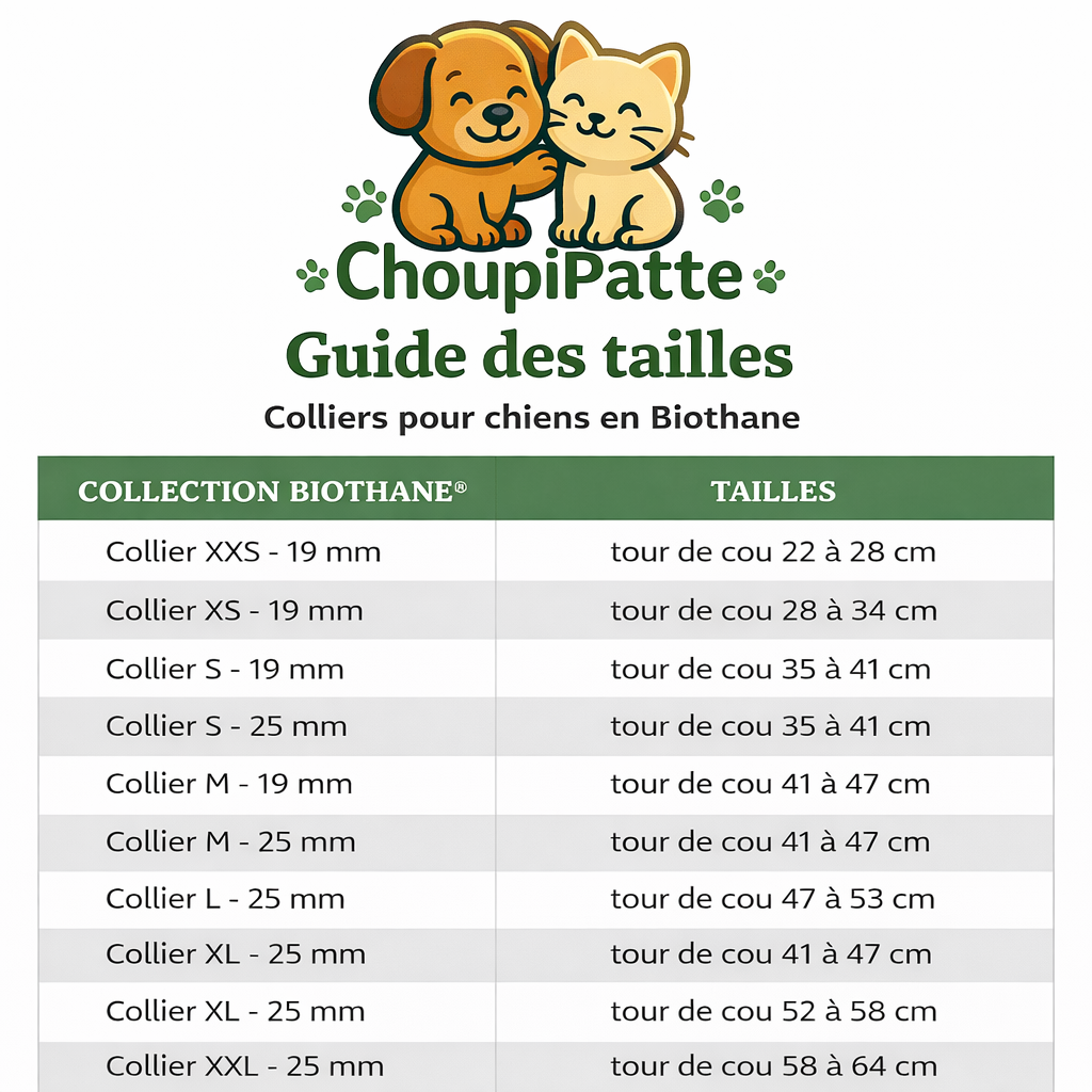 Guide des tailles ChoupiPatte pour colliers pour chiens en BioThane®, avec tableau des tailles selon le tour de cou