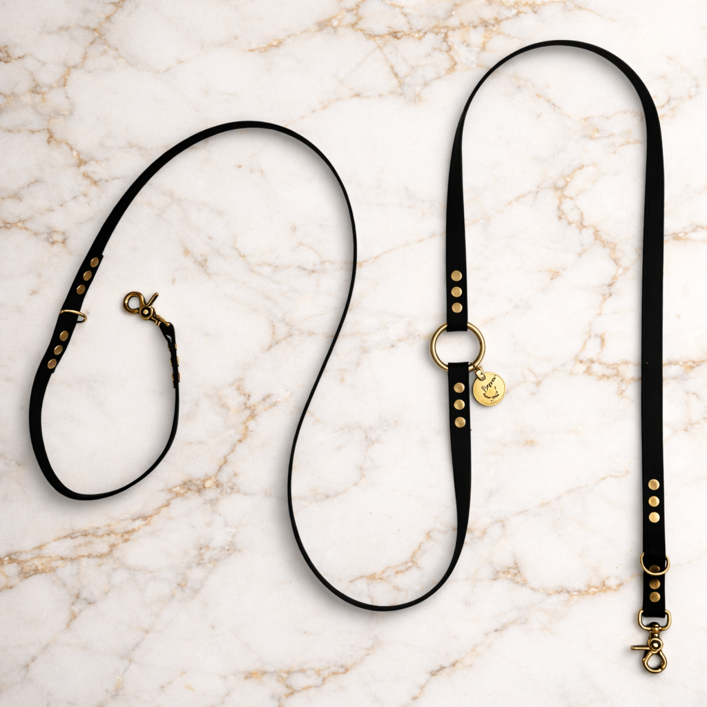 Laisse multiposition pour chien en BioThane noir, présentée dépliée sur un fond en marbre blanc luxueux