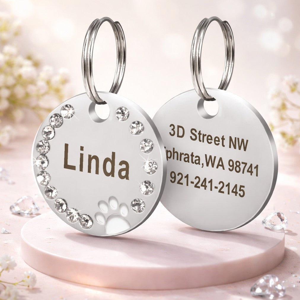 Médaille personnalisée pour chien et chat avec nom, adresse et numéro de téléphone gravés, finition argent avec strass