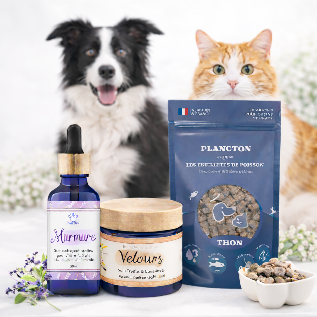 Pack bien-être pour chiens et chats avec soins naturels et friandises, présenté avec un chien et un chat
