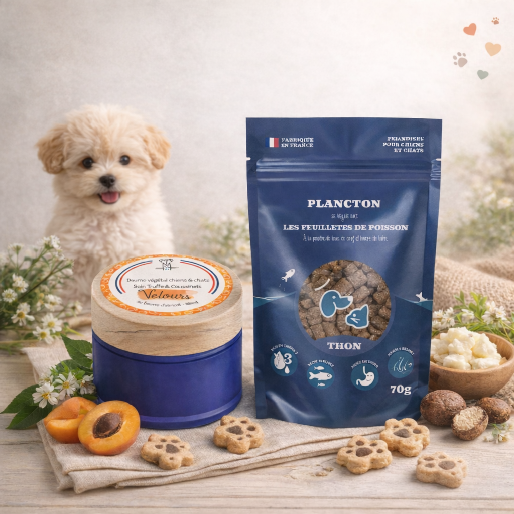 Pack découverte canine avec friandises naturelles et soins bien-être, présenté devant un chiot