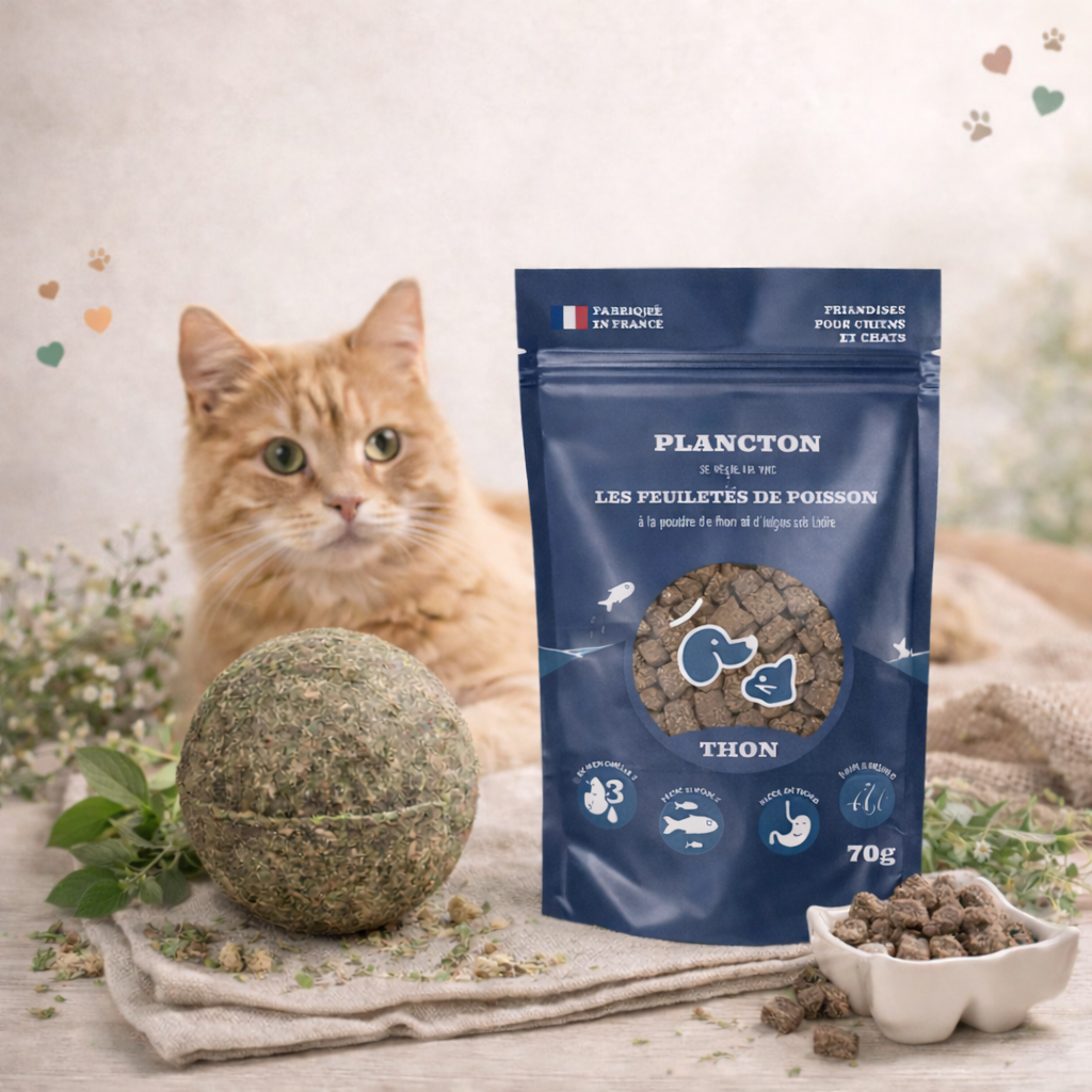 Pack découverte féline avec friandises naturelles et jouets bien-être, présenté devant un chat