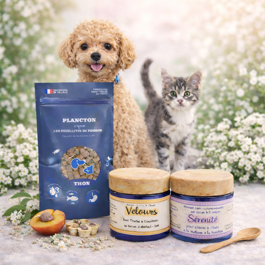 Pack douceur apaisante pour chiens et chats avec friandises naturelles et soins bien-être, présenté avec un chien et un chat